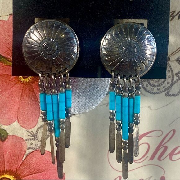 Boho Turquoise and Silver Beaded Earrings Tribal Southwestern Style Dangle - Picture 2 of 4